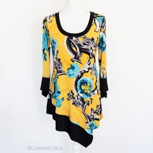 Eva Varro Floral Asymmetric Tunic M Top Yellow Stretch Boho Artsy Flowy Holiday